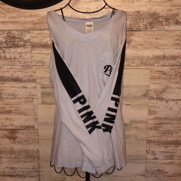 PINK Victoria's Secret Tops - Victoria’s Secret pink long sleeve shirt over sized v-neck top size small blue